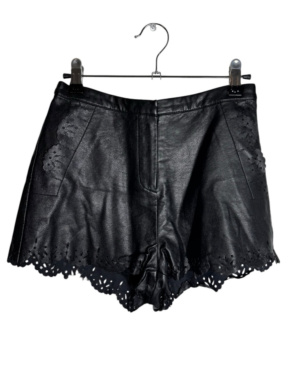 Topshop Petite Laser Cut Scalloped Faux Leather High Rise Shorts Black Size 0